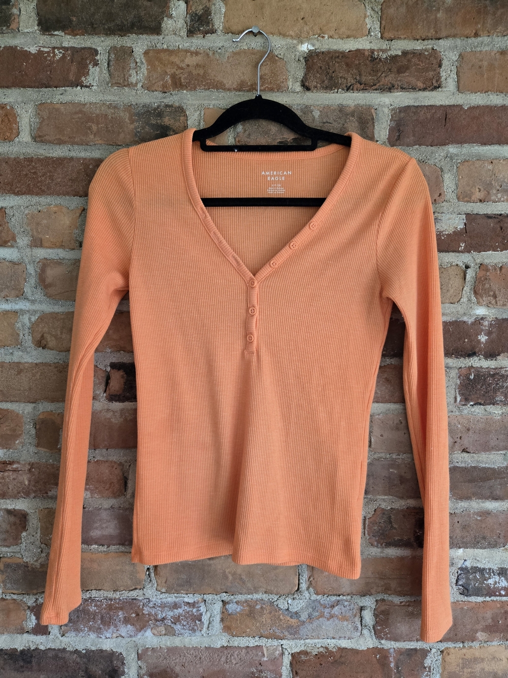 American Eagle Outfitters Peach-Orange Ribbed Henley Long Sleeve